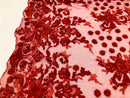Red - Mini 3D Flower Embroidered Mesh Sequins And Beaded Fabric Sold By The Yard