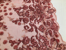 Coral - Mini 3D Flower Embroidered Mesh Sequins And Beaded Fabric Sold By The Yard