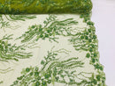 Beaded - Olive - Elegant Small Flower Pattern Design Sequins Fabric with Beads Sold By The Yard