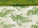 Beaded - Olive - Elegant Small Flower Pattern Design Sequins Fabric with Beads Sold By The Yard