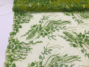 Beaded - Olive - Elegant Small Flower Pattern Design Sequins Fabric with Beads Sold By The Yard