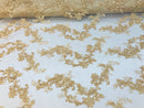 Floral Lace Fabric - Light Gold - Flowers Embroidery Sequins Mesh Design Fabric Sold By The Yard