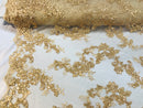 Floral Lace Fabric - Light Gold - Flowers Embroidery Sequins Mesh Design Fabric Sold By The Yard