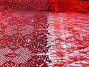Beaded Feather Fabric - Red - Embroidered Luxury Mesh Lace Beads and Feathers By The Yard
