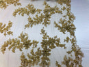 Beaded Fabric - Gold - Embroidered Flower Lace Fabric with Beads On A Mesh Sold By The Yard