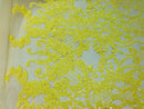 4 Way Stretch - Yellow - Damask Net Design Sequins On Mesh Elegant Fashion Fabrics Sold By Yard