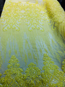 4 Way Stretch - Yellow - Damask Net Design Sequins On Mesh Elegant Fashion Fabrics Sold By Yard