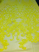 4 Way Stretch - Yellow - Damask Net Design Sequins On Mesh Elegant Fashion Fabrics Sold By Yard