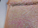 Big Damask Sequins Fabric - Iridescent Baby Pink - 4 Way Stretch Damask Sequins Design Fabric By Yard