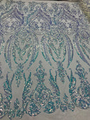 Big Damask Sequins Fabric - Iridescent Clear - 4 Way Stretch Damask Sequins Design Fabric By Yard