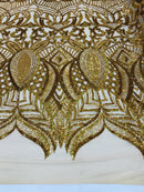 Hologram Gold - 4 Way Stretch Embroidered Royalty Sequins Design Fabric By Yard