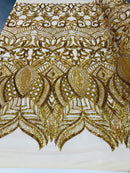 Hologram Gold - 4 Way Stretch Embroidered Royalty Sequins Design Fabric By Yard