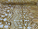 Hologram Gold - 4 Way Stretch Embroidered Royalty Sequins Design Fabric By Yard