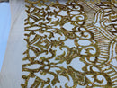 Hologram Gold - 4 Way Stretch Embroidered Royalty Sequins Design Fabric By Yard