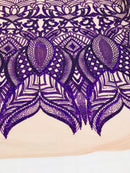 Hologram Purple  - 4 Way Stretch Embroidered Royalty Sequins Design Fabric By Yard