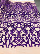 Hologram Purple  - 4 Way Stretch Embroidered Royalty Sequins Design Fabric By Yard