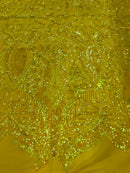Hologram Yellow - 4 Way Stretch Embroidered Royalty Sequins Design Fabric By Yard