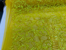 Hologram Yellow - 4 Way Stretch Embroidered Royalty Sequins Design Fabric By Yard