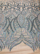 Hologram Silver Nude - 4 Way Stretch Embroidered Royalty Sequins Fancy Design Fabric By Yard