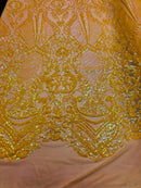 4 Way Stretch - Yellow - Damask Fish Net Design Sequins Fashion Dress Fabric Mesh Sold By The Yard