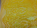 4 Way Stretch - Yellow - Damask Fish Net Design Sequins Fashion Dress Fabric Mesh Sold By The Yard