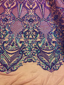 4 Way Stretch Iridescent Lilac Damask Fish Net Design Sequins Fashion Dress Fabric Mesh By Yard