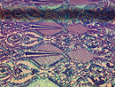4 Way Stretch Iridescent Lilac Damask Fish Net Design Sequins Fashion Dress Fabric Mesh By Yard