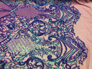 4 Way Stretch Iridescent Lilac Damask Fish Net Design Sequins Fashion Dress Fabric Mesh By Yard