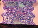4 Way Stretch Iridescent Lilac Damask Fish Net Design Sequins Fashion Dress Fabric Mesh By Yard