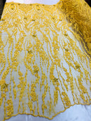 Beaded Fabric - Yellow - Embroidered Flower Line Mesh Lace Fabric with Beads Sold By The Yard