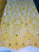 Beaded Fabric - Yellow - Embroidered Flower Line Mesh Lace Fabric with Beads Sold By The Yard