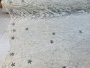 Beaded Fabric - White - Embroidered Flower Line Mesh Lace Fabric with Beads Sold By The Yard