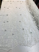 Beaded Fabric - White - Embroidered Flower Line Mesh Lace Fabric with Beads Sold By The Yard