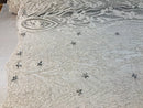 Beaded Fabric - Ivory - Embroidered Flower Line Mesh Lace Fabric with Beads Sold By The Yard