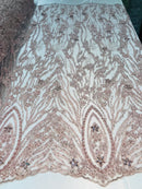 Beaded Fabric - Blush - Embroidered Flower Line Mesh Lace Fabric with Beads Sold By The Yard