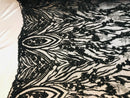 Beaded Fabric - Black - Embroidered Flower Line Mesh Lace Fabric with Beads Sold By The Yard