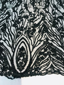 Beaded Fabric - Black - Embroidered Flower Line Mesh Lace Fabric with Beads Sold By The Yard