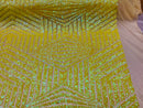 2 Way Stretch - Iridescent Yellow - Geometric Design Sequins On Mesh Elegant Fabrics Sold By Yard