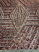 2 Way Stretch - Rose Gold - Geometric Design Sequins On Mesh Elegant Fabrics Sold By Yard