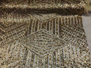 2 Way Stretch - Gold - Geometric Design Sequins On Mesh Elegant Fabrics Sold By Yard