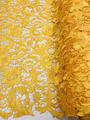 Guipure Lace Fabric - Yellow  - Embroidered Bridal Wedding Dress Design Sold By The Yard