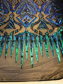 Two Tone 4 Way Stretch - Jade Green / Blue - Tribal Pattern Design Sequins Mesh Fabric Sold By Yard