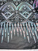 Two Tone 4 Way Stretch - Aqua / Black - Tribal Pattern Design Sequins Mesh Fabric Sold By Yard