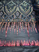 Two Tone 4 Way Stretch - Iridescent Rainbow Tribal Pattern Design Sequins Mesh Fabric Sold By Yard