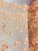 3D Floral Design - Peach - Embroidered 3D Flowers on Triangle Net Mesh Sold By The Yard
