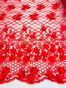 3D Floral Design - Red - Embroidered 3D Flowers on Triangle Net Mesh Sold By The Yard