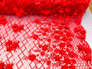 3D Floral Design - Red - Embroidered 3D Flowers on Triangle Net Mesh Sold By The Yard