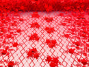 3D Floral Design - Red - Embroidered 3D Flowers on Triangle Net Mesh Sold By The Yard