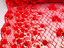 3D Floral Design - Red - Embroidered 3D Flowers on Triangle Net Mesh Sold By The Yard