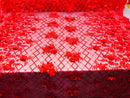 3D Floral Design - Red - Embroidered 3D Flowers on Triangle Net Mesh Sold By The Yard